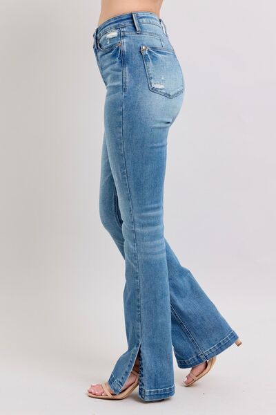 Medium Judy Blue Hw Tummy Control Vintage Wash Side Slit Slim Boot Jeans