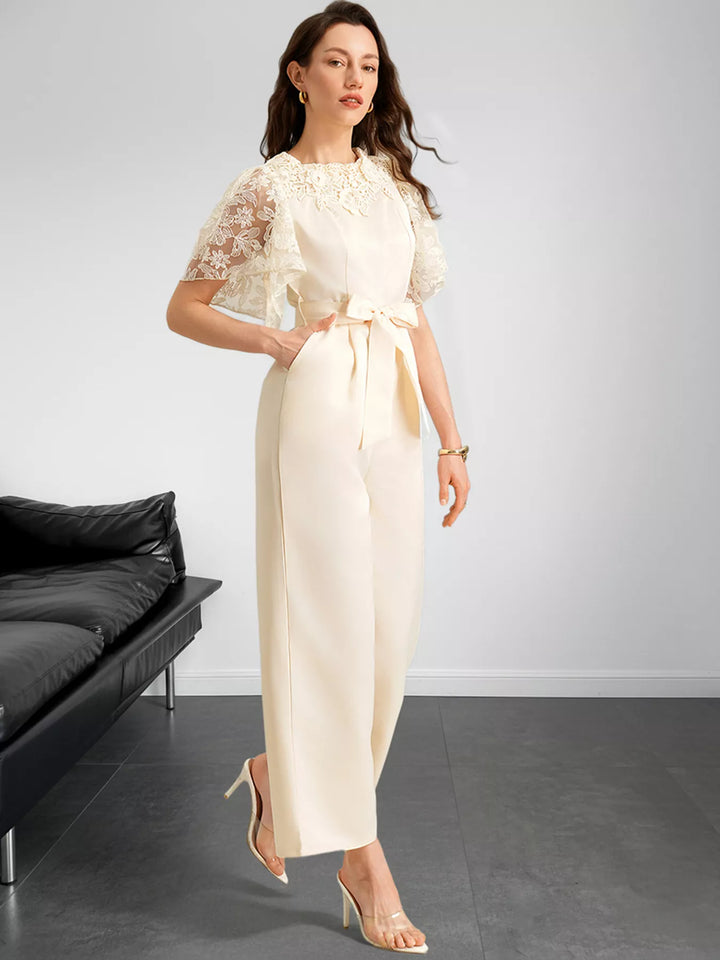 Apricot Lace Trim Belted Wide Leg Jumpsuit