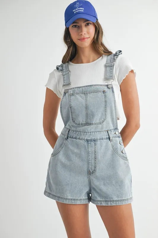 Lt Denim Mable Square Neck Ruffle Shoulder Denim Overall Romper