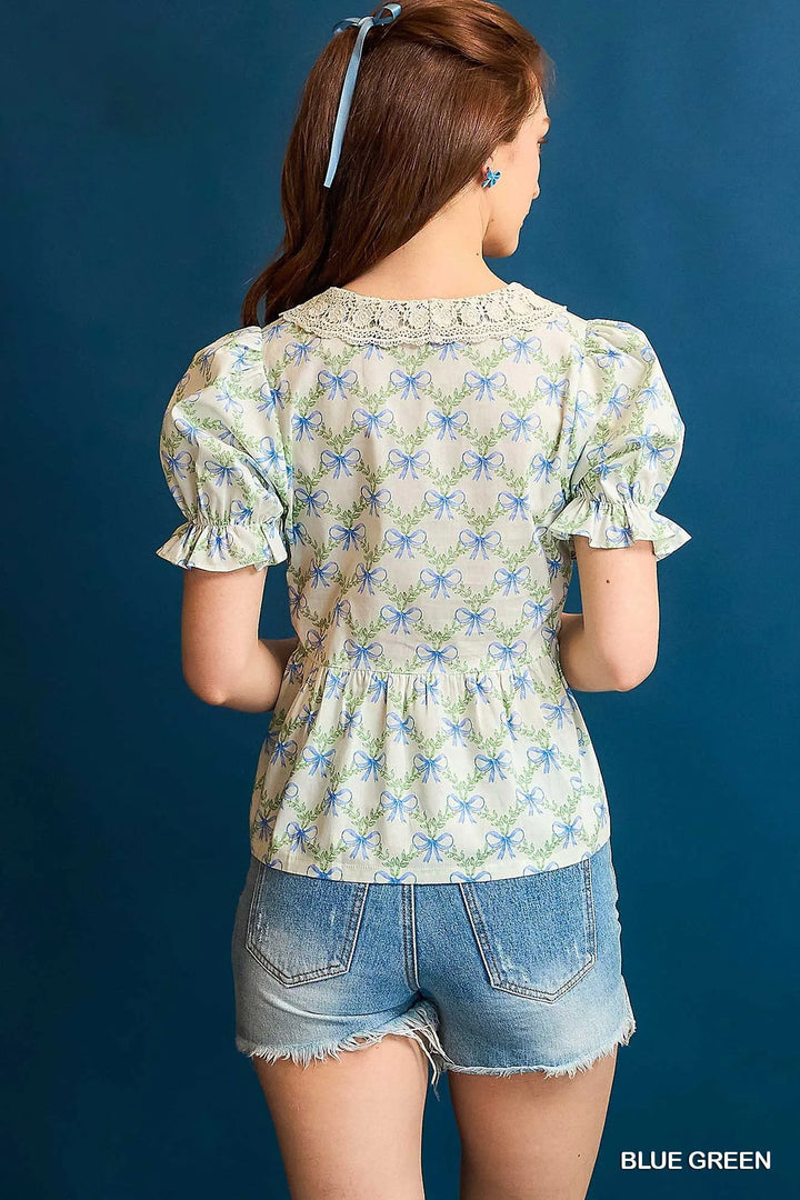 Blue/Green Umgee Lace Detail Bow Print Flounce Sleeve Blouse
