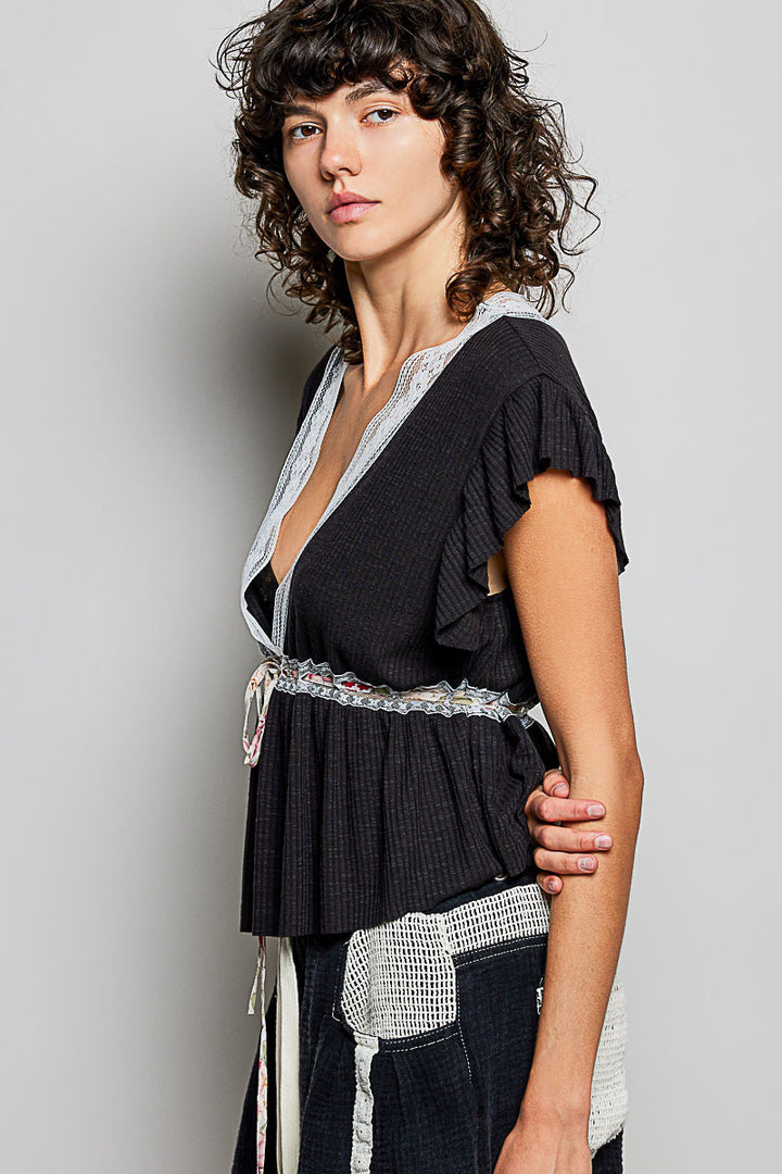 Black Pol Tied Ruffled V Neck Short Sleeve Blouse With Lace Detail
