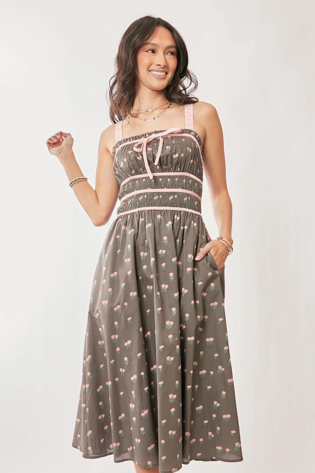 Davi Dani Contrast Velvet Tape Smocking Bodice Midi Dress 1