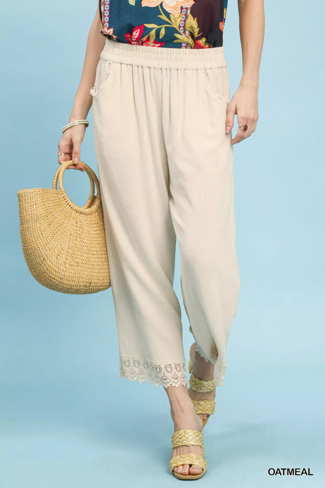 Oatmeal Umgee Linen Wide Leg Cropped Pants With Lace Trim