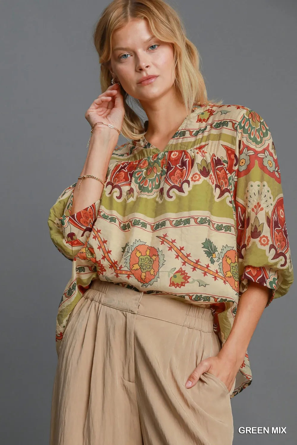 Yellow-Green Umgee Full Size Border Print Notched 3 4 Puff Sleeve Blouse Plus Size