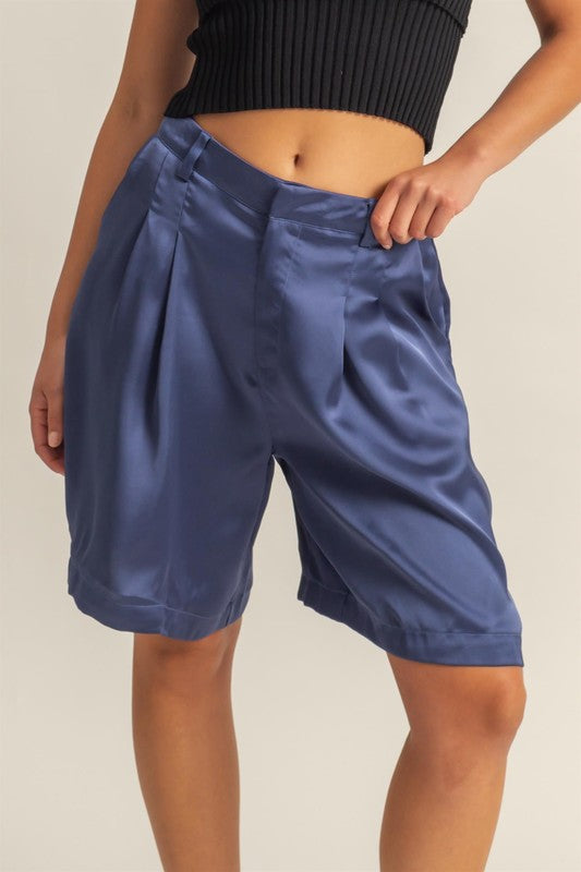 Dusty Blue Hyfve High Waist Pleated Satin Shorts