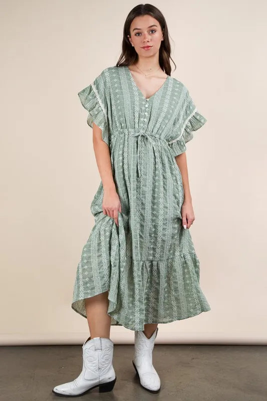 Sage Very J Embroidered Boho Ruffled Midi Dress 1
