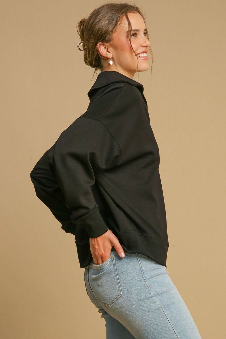Black Umgee Johnny Collar Dropped Shoulder Sweatshirt
