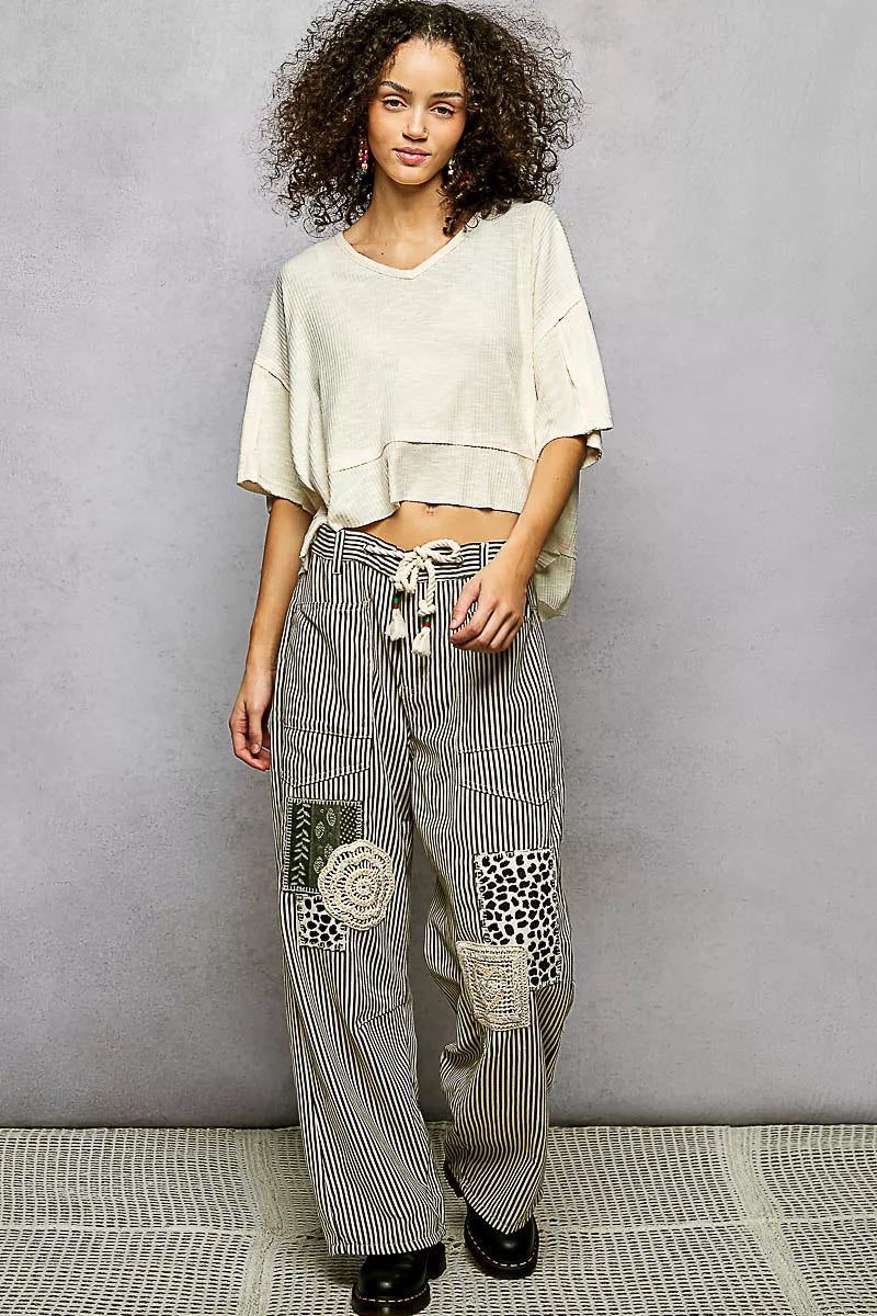 Pol Short Sleeve Ccopped Rib T Shirt With Contrast Stitch Detail