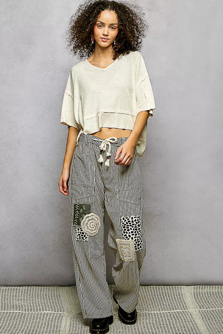 Pol Short Sleeve Ccopped Rib T Shirt With Contrast Stitch Detail