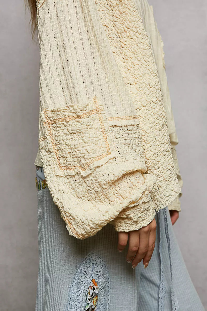 Pol V Neck Long Sleeve Top With Stitch Detail 1