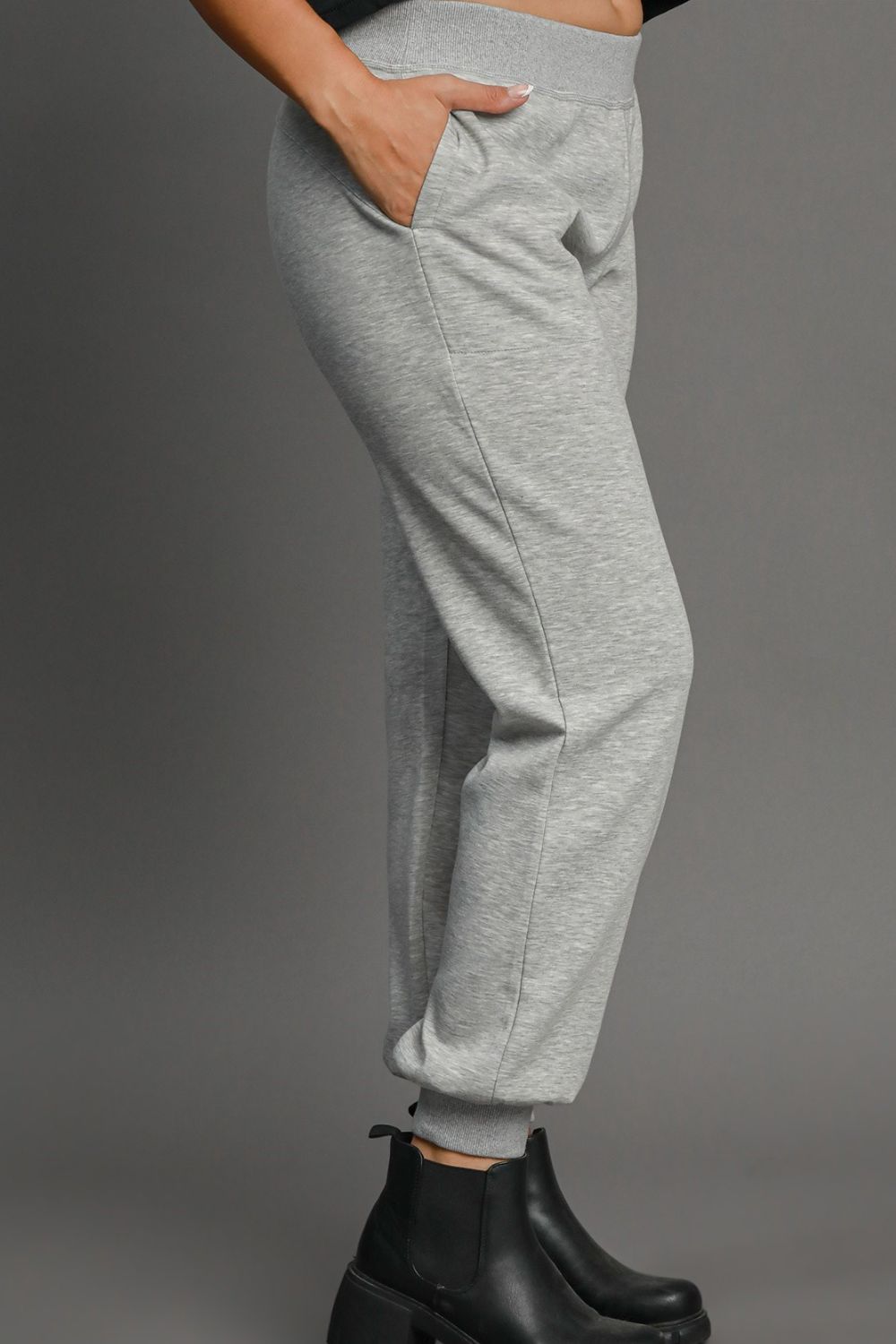 Light Gray Umgee Full Size High Rise Elastic Waist Knit Joggers With Pockets Plus Size 1