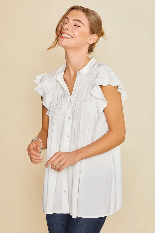 White Annie Wear Ruffle Sleeve Shirred Flowy Woven Tunic Shirts 1