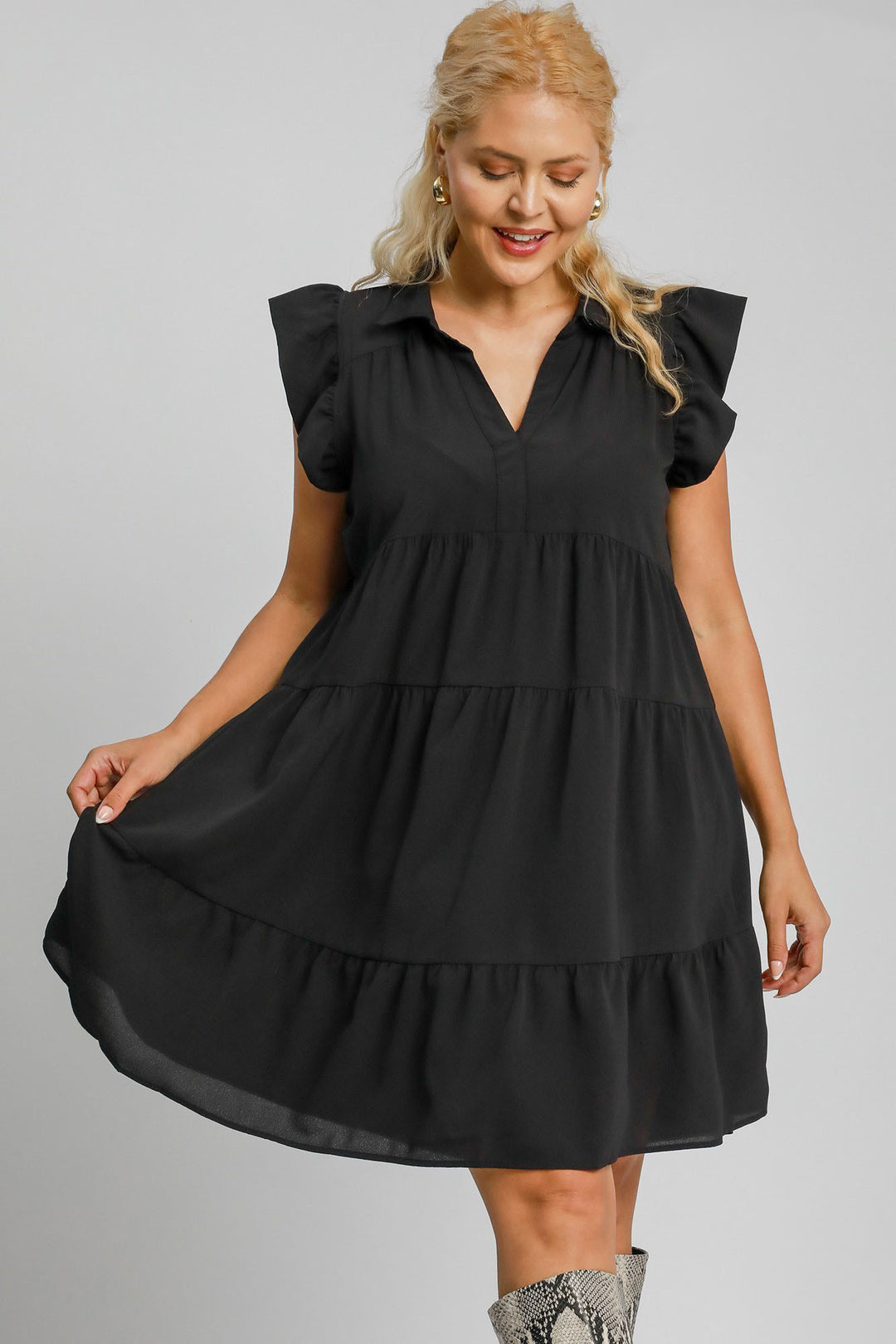Black Umgee Full Size Johnny Collar Ruffle Cap Sleeve Tiered Dress Plus Size 1
