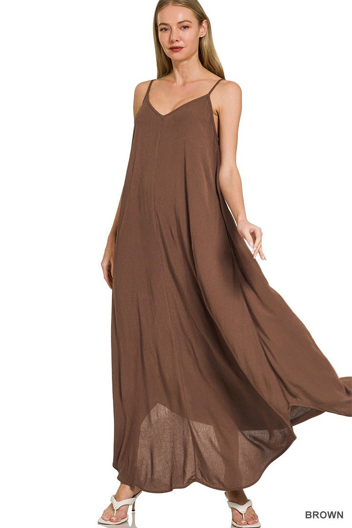 Brown Zenana Woven Crinkle Cami Maxi Dress With Side Pockets 3