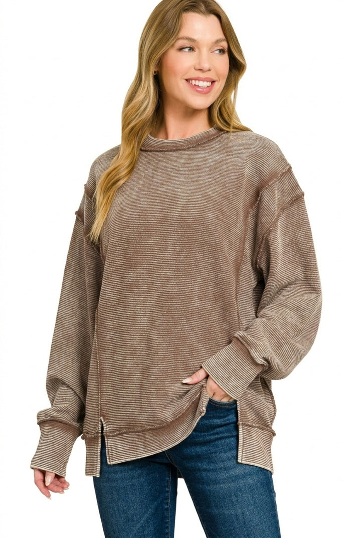Brown Zenana Acid Washed Double Ribbed Exposed Seam Sweatshirt 2