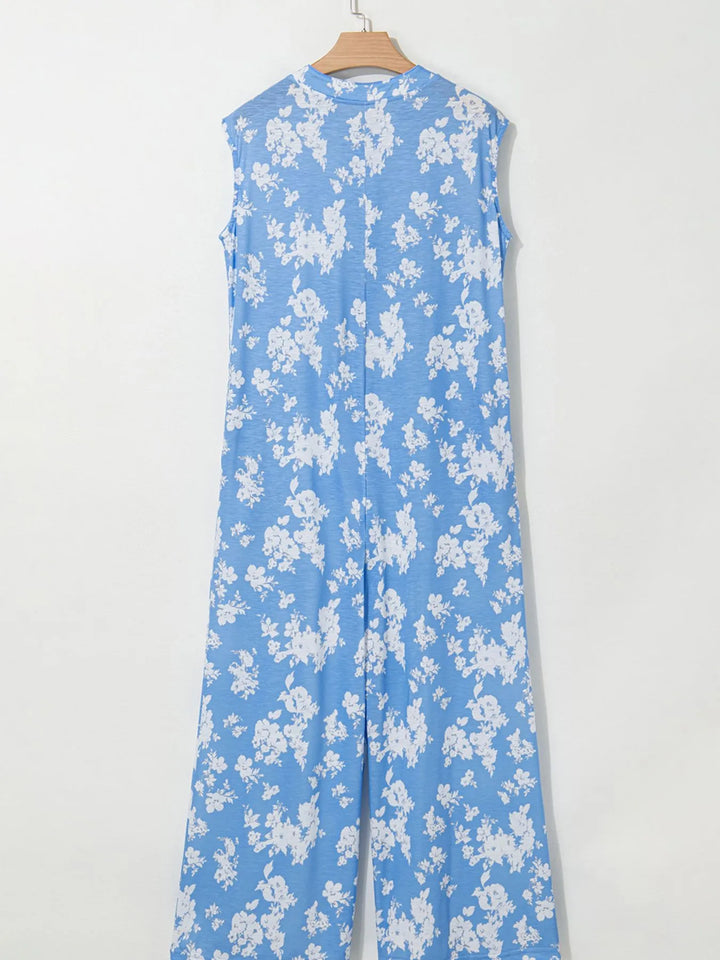 Printed Button Front Wide Leg Jumpsuit