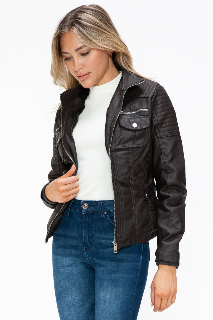 Ymi Removable Faux Layered Multi Pocket Jacket With Fuzzy Hood 3