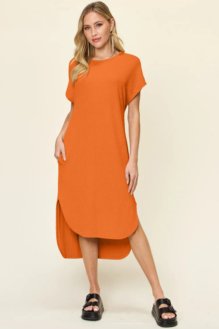 Sky Blue Double Take Full Size Round Neck Short Sleeve Slit Dress