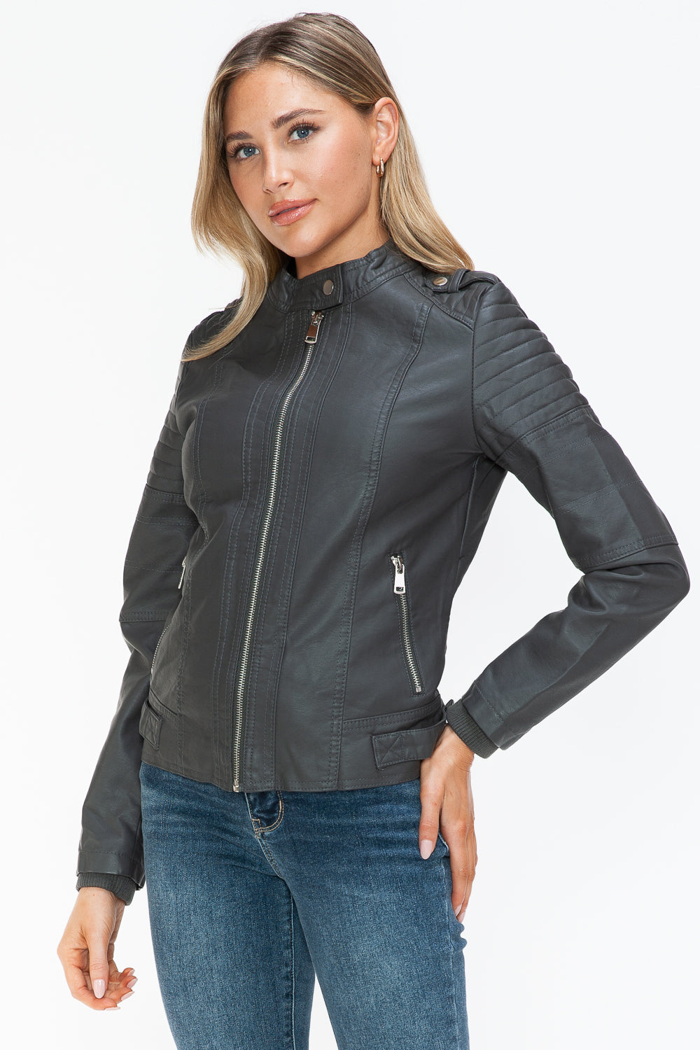 Snobbish Pu Leather Biker Jacket With Side Zip Pockets