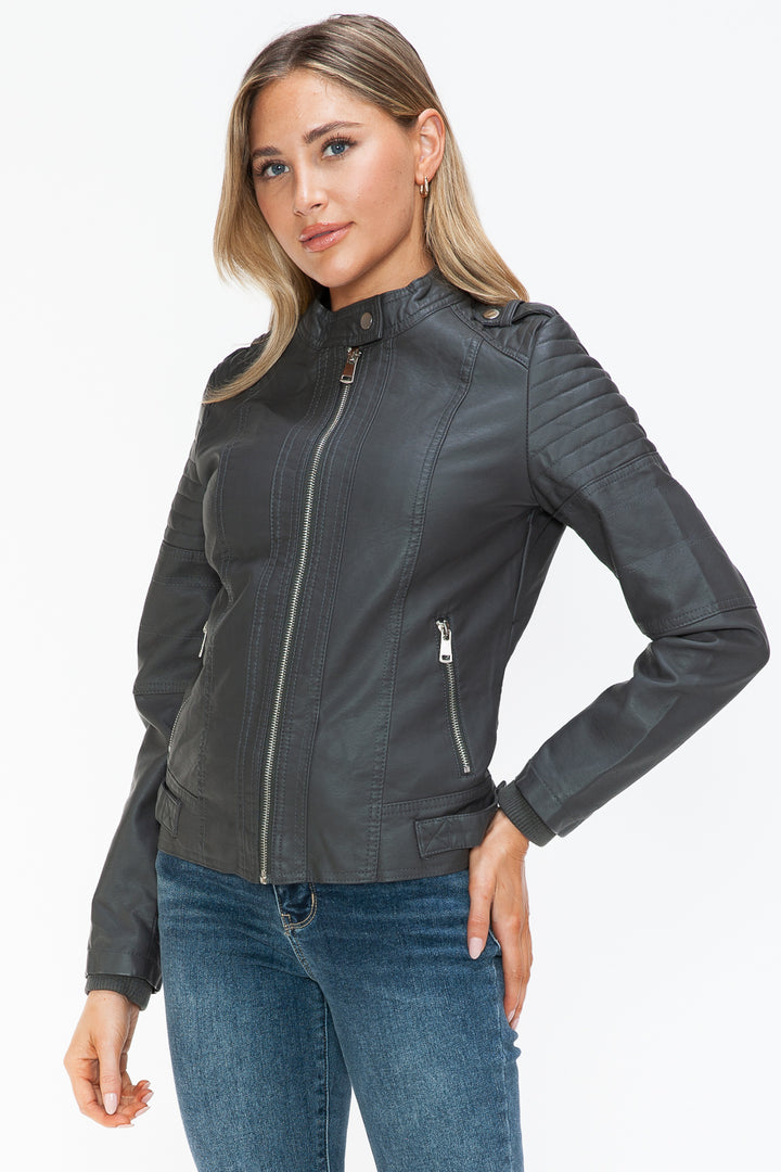 Snobbish Pu Leather Biker Jacket With Side Zip Pockets