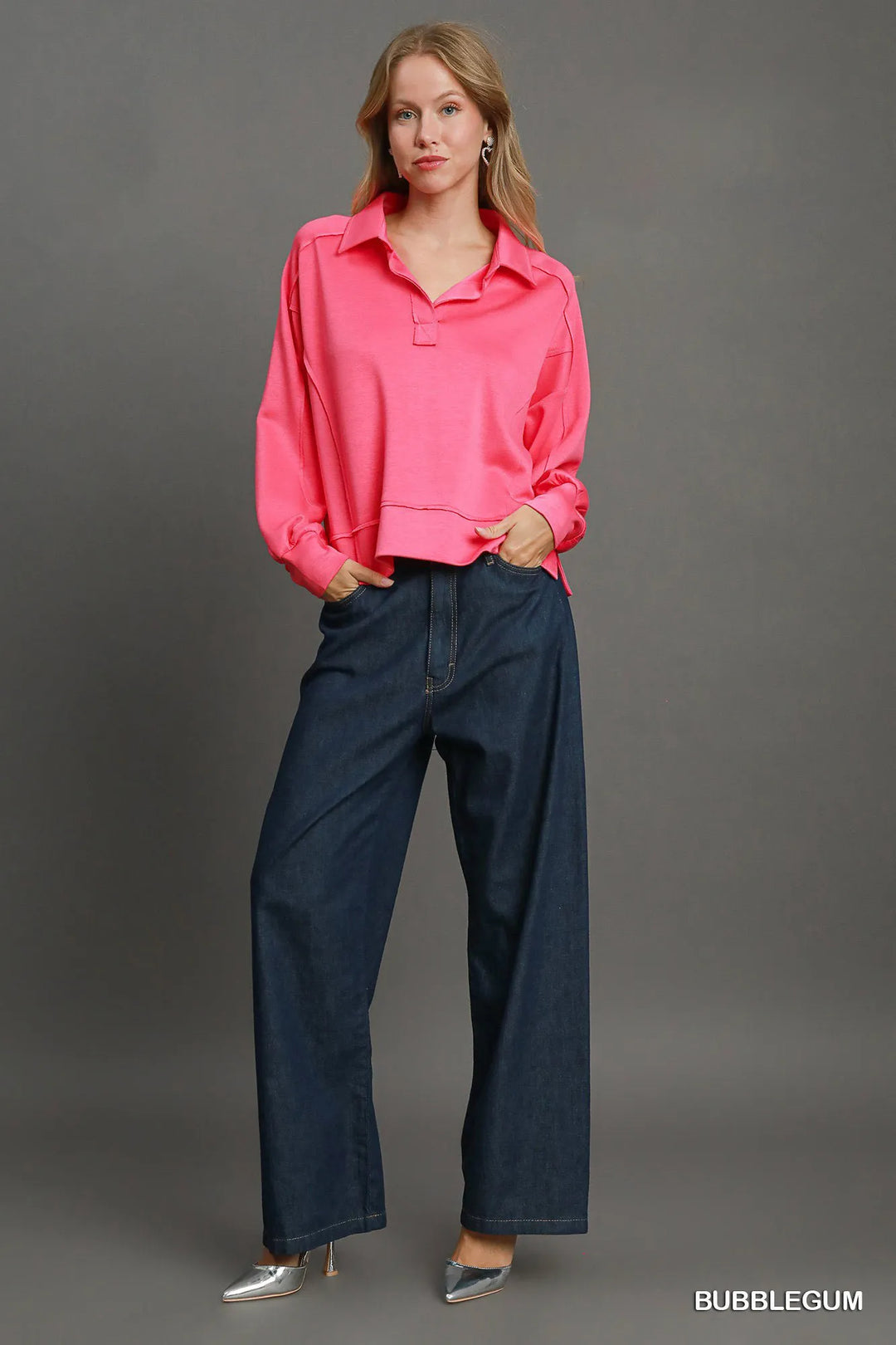 Bubblegum Umgee Exposed Seam Long Sleeve Polo Top With Side Slit 1