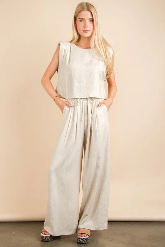 Oatmeal Very J Solid Woven Top Pants Set