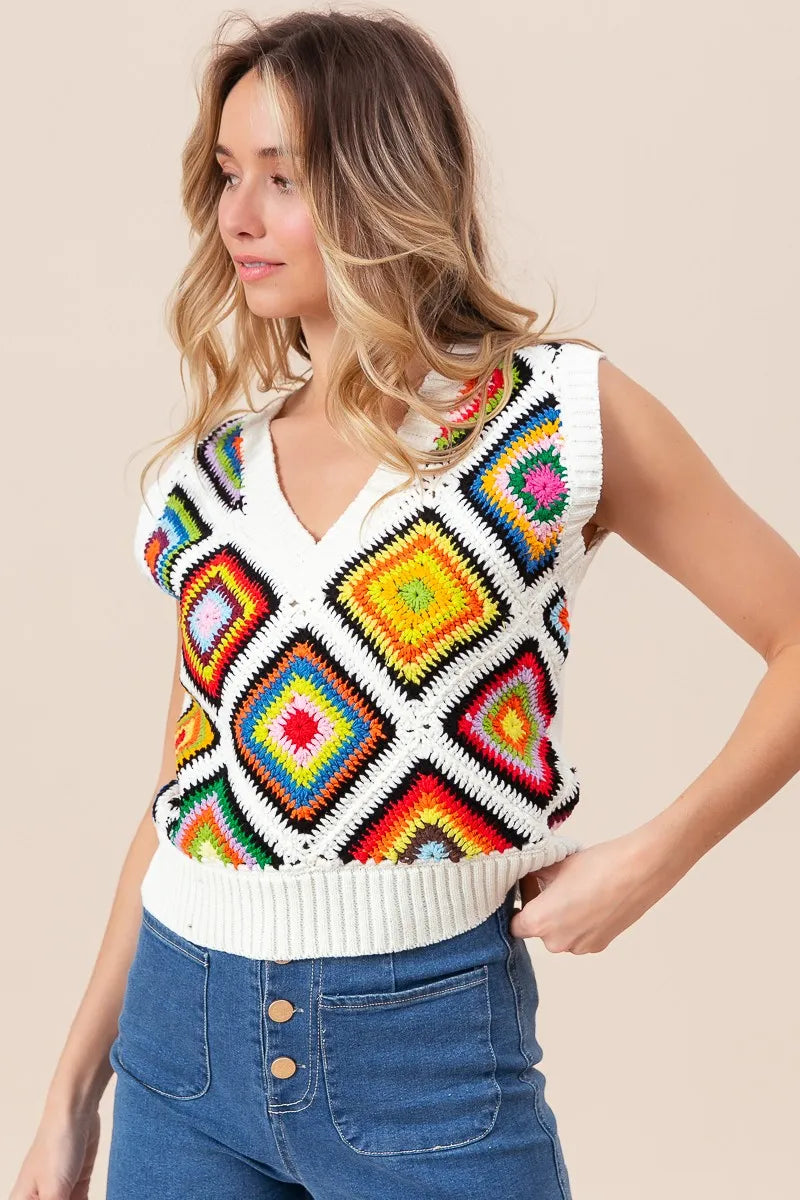 Ivory Bibi Diamond Granny Square Sweater Vest