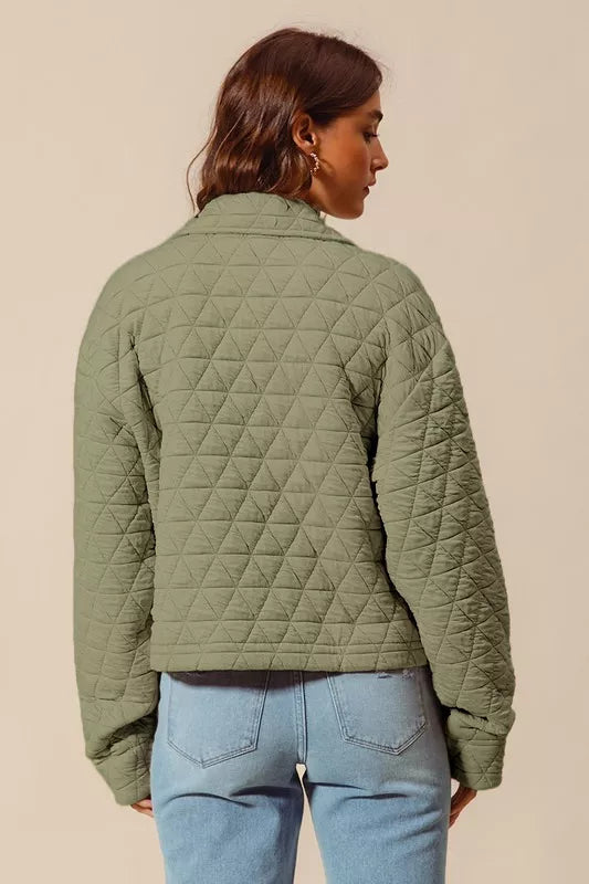 Lt Olive So Me Triangle Quilting Stitch Button Up Knit Jacket