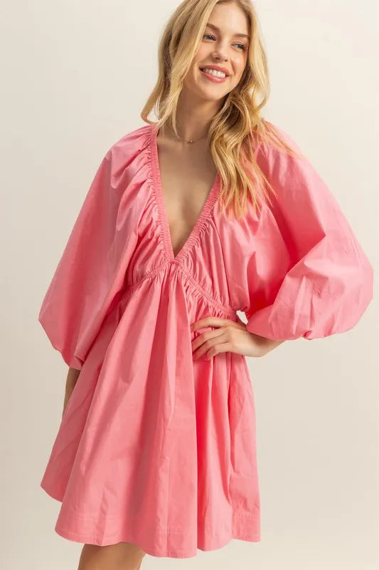 Coral Hyfve Plunge Balloon Sleeve Poplin Mini Dress With Pockets