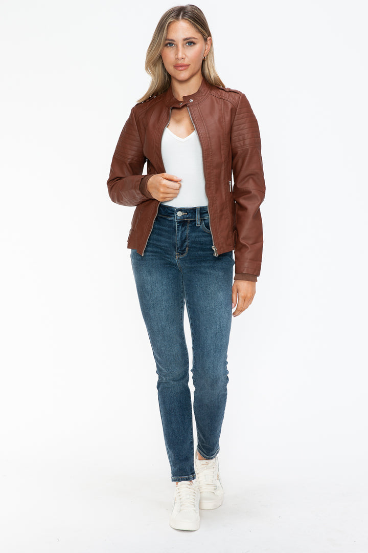Snobbish Pu Leather Biker Jacket With Side Zip Pockets 4