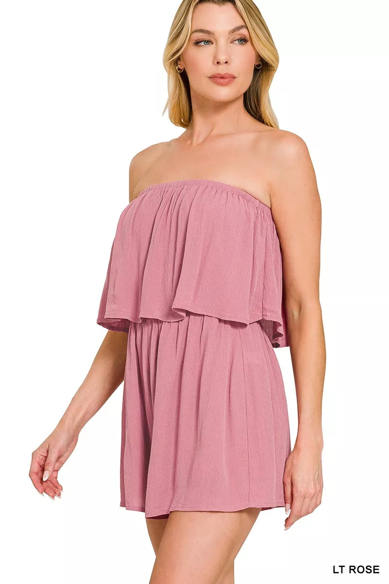 Lt Rose Zenana Woven Crinkle Strapless Rompers