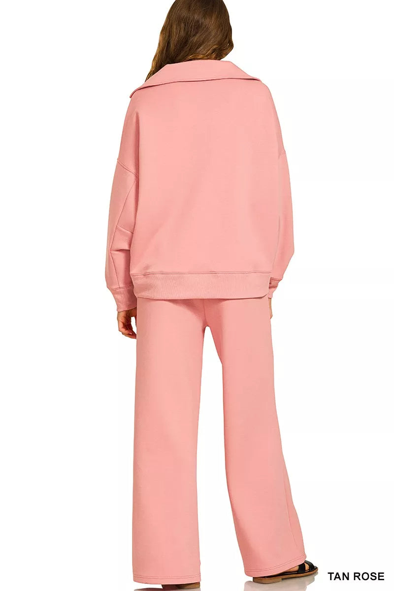 Tan Rose Zenana Scuba Collared Pullover And Pants Set 2