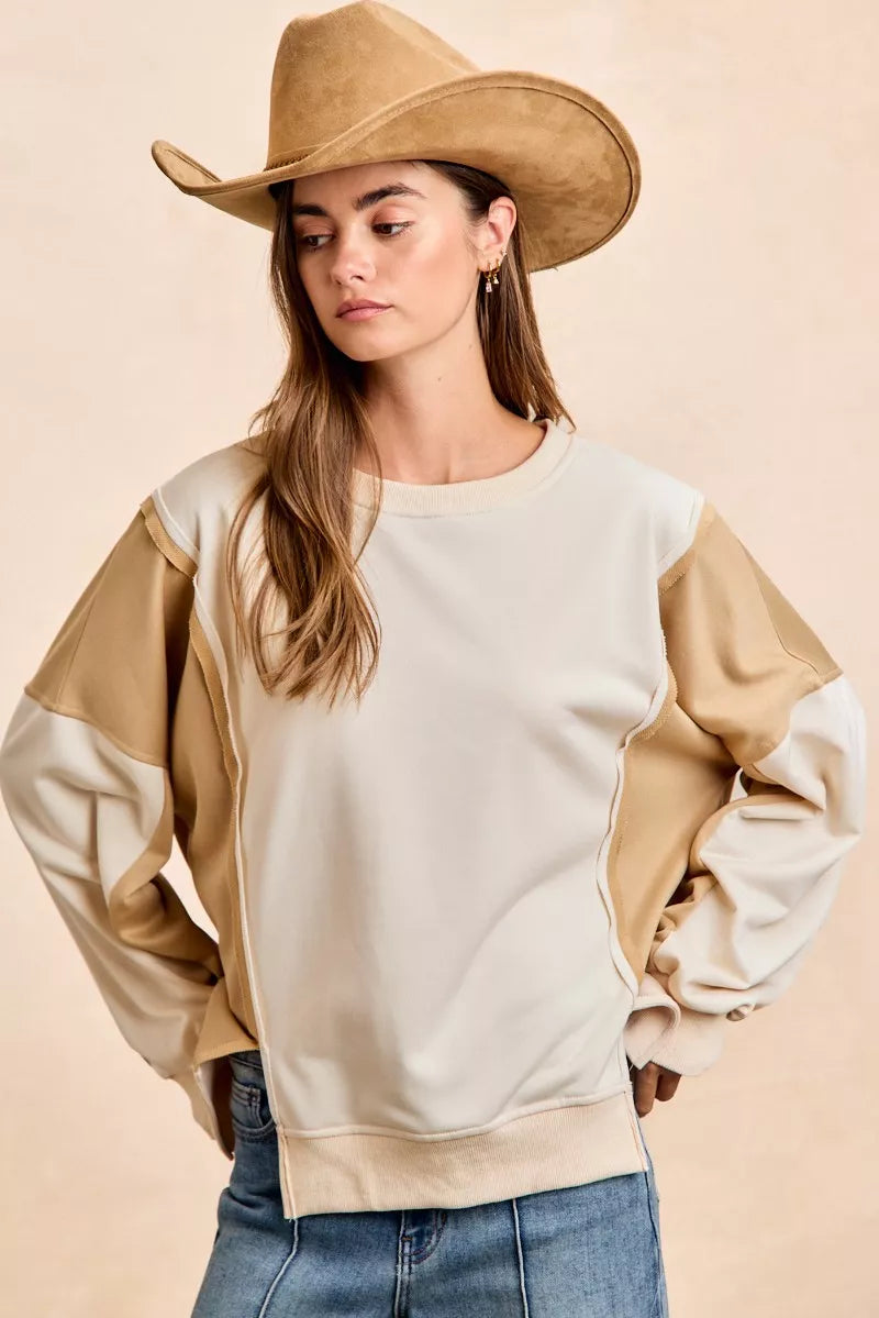 Ivory/Sand Bibi French Terry Color Block Top With Open Seam Detail