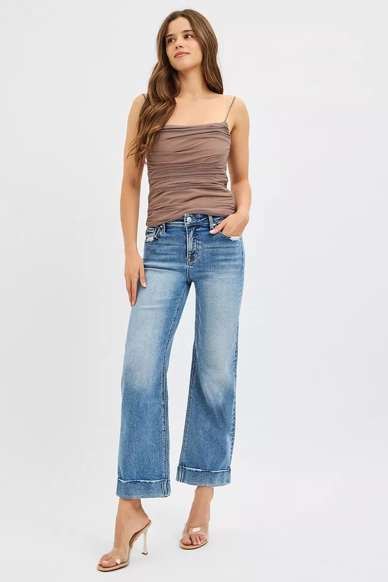 Medium Risen Full Size Mid Rise Crop Straight Jeans With Taylor Cuffed Plus Size