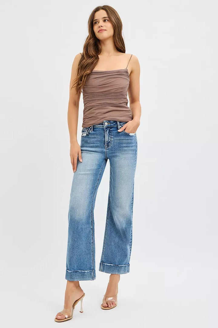Medium Risen Full Size Mid Rise Crop Straight Jeans With Taylor Cuffed Plus Size