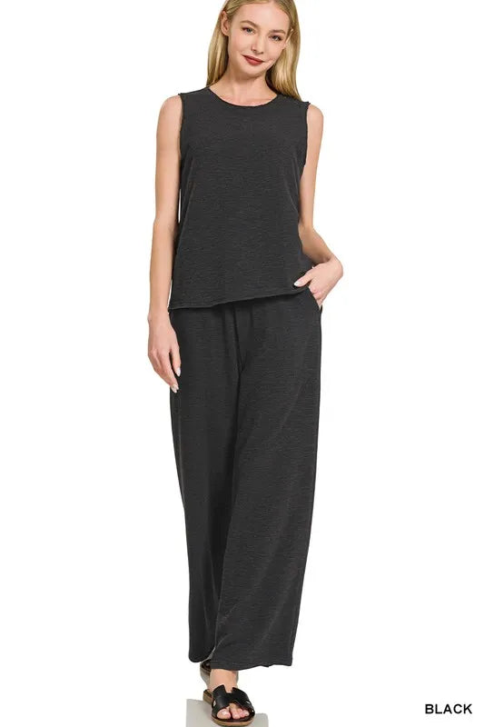Black Zenana Cotton Slub Tank Pants Set 1