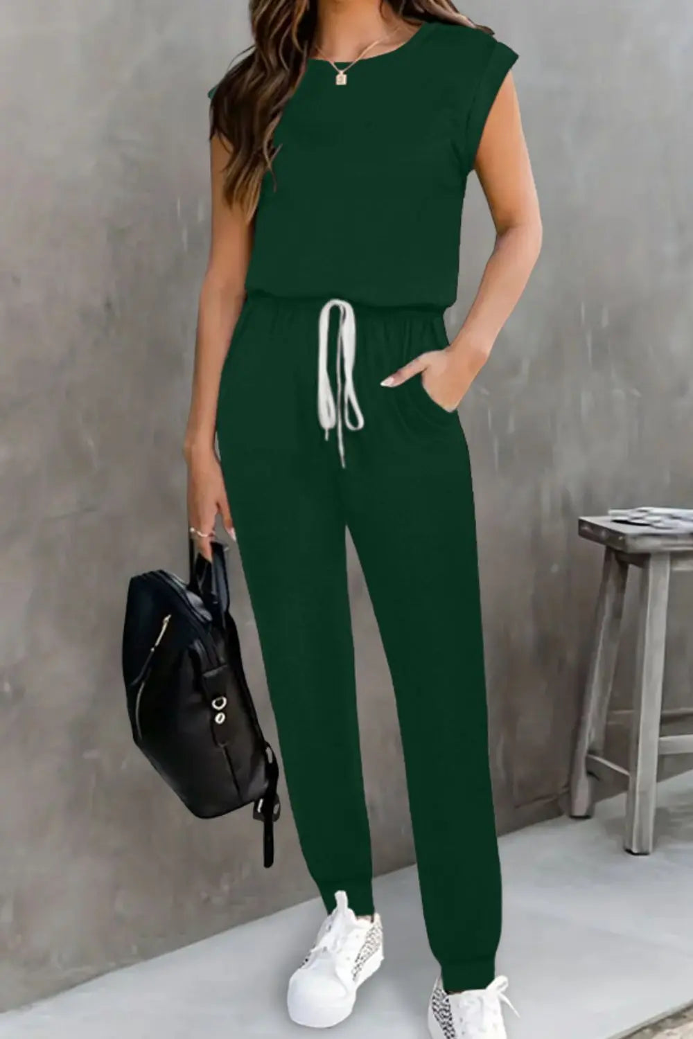 Dark Green Drawstring Round Neck Sleeveless Jumpsuit