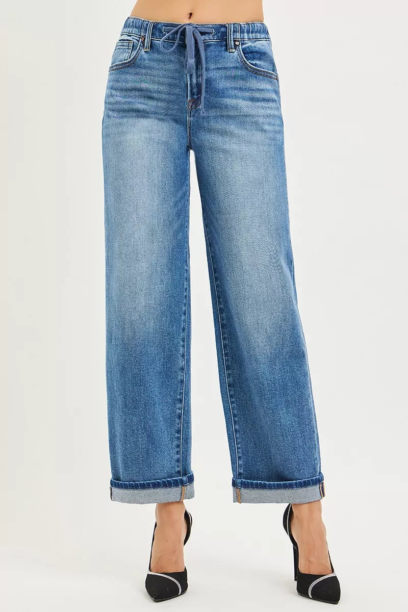 Medium Risen Elastic Band Slouch Ankle Boyfriend Cuffed Hem Jeans
