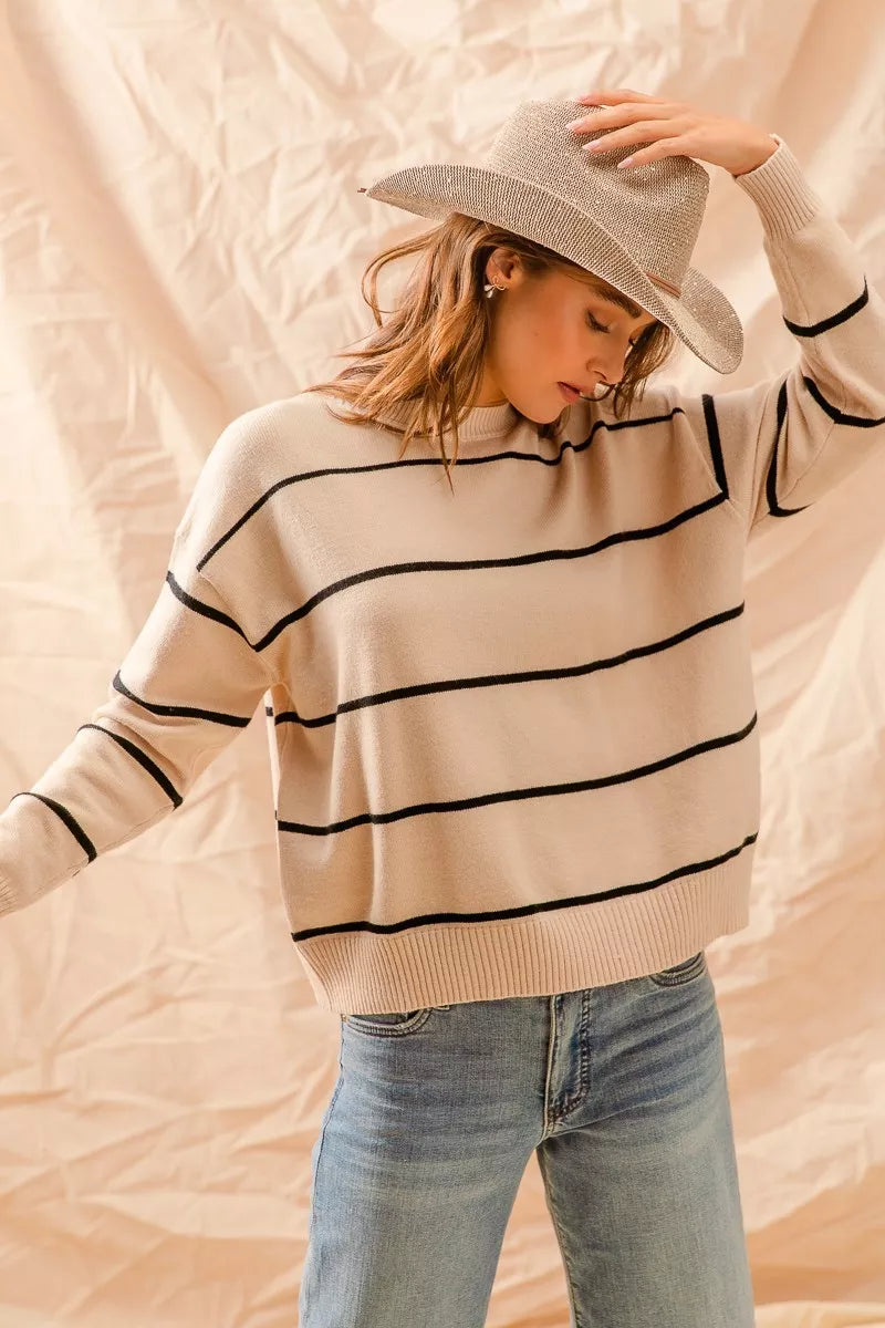 Oatmeal/Black So Me Stripe Crew Neck Basic Essential Sweater