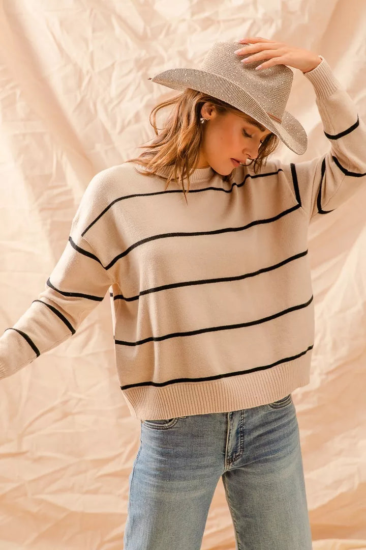 Oatmeal/Black So Me Stripe Crew Neck Basic Essential Sweater