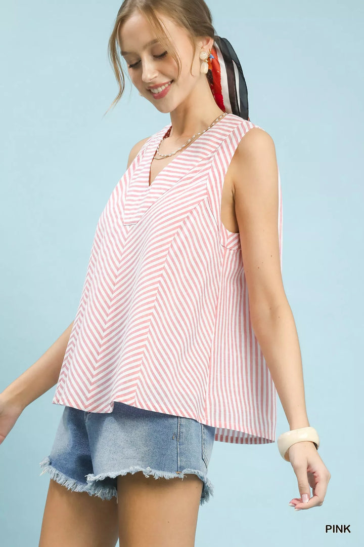 Pink Umgee Mixed Stripe Sleeveless V Neck Top 1