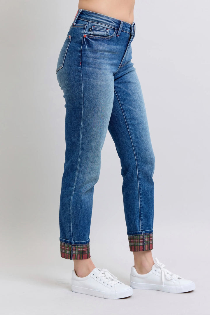 Medium Judy Blue Full Size Mr Plaid Print Cuff Bf Jeans Plus Size