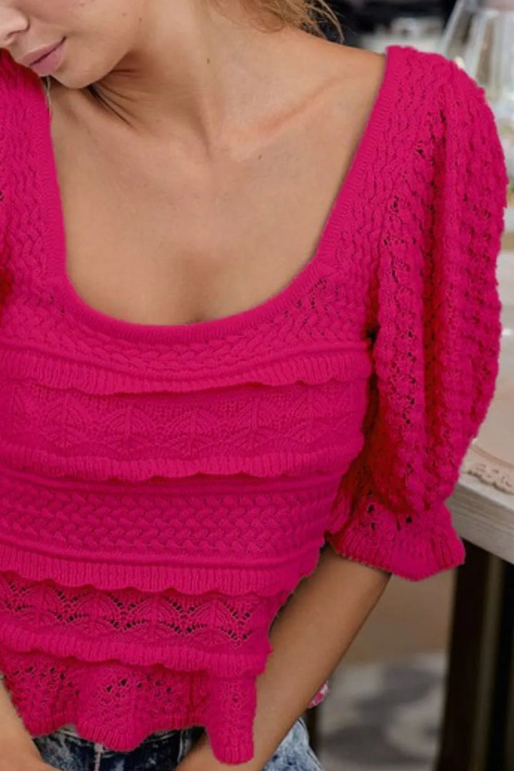 Fuchsia Bibi Square Neckline With Puff Sleeve Crochet Top