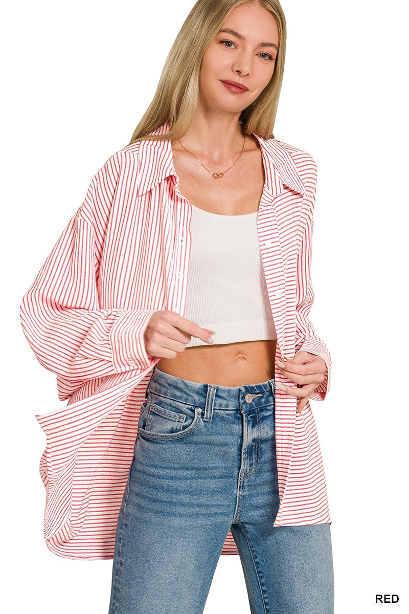 Red Zenana Woven Stripe Button Down Shirt 2