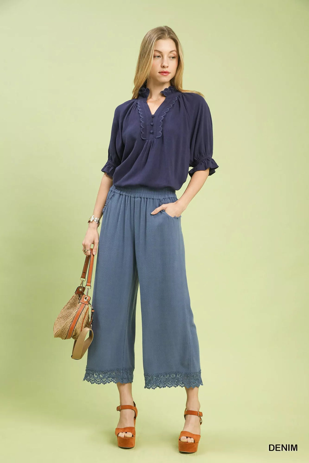 Denim Umgee Linen Wide Leg Cropped Pants With Lace Trim 1