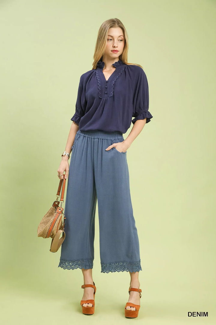 Denim Umgee Linen Wide Leg Cropped Pants With Lace Trim 1