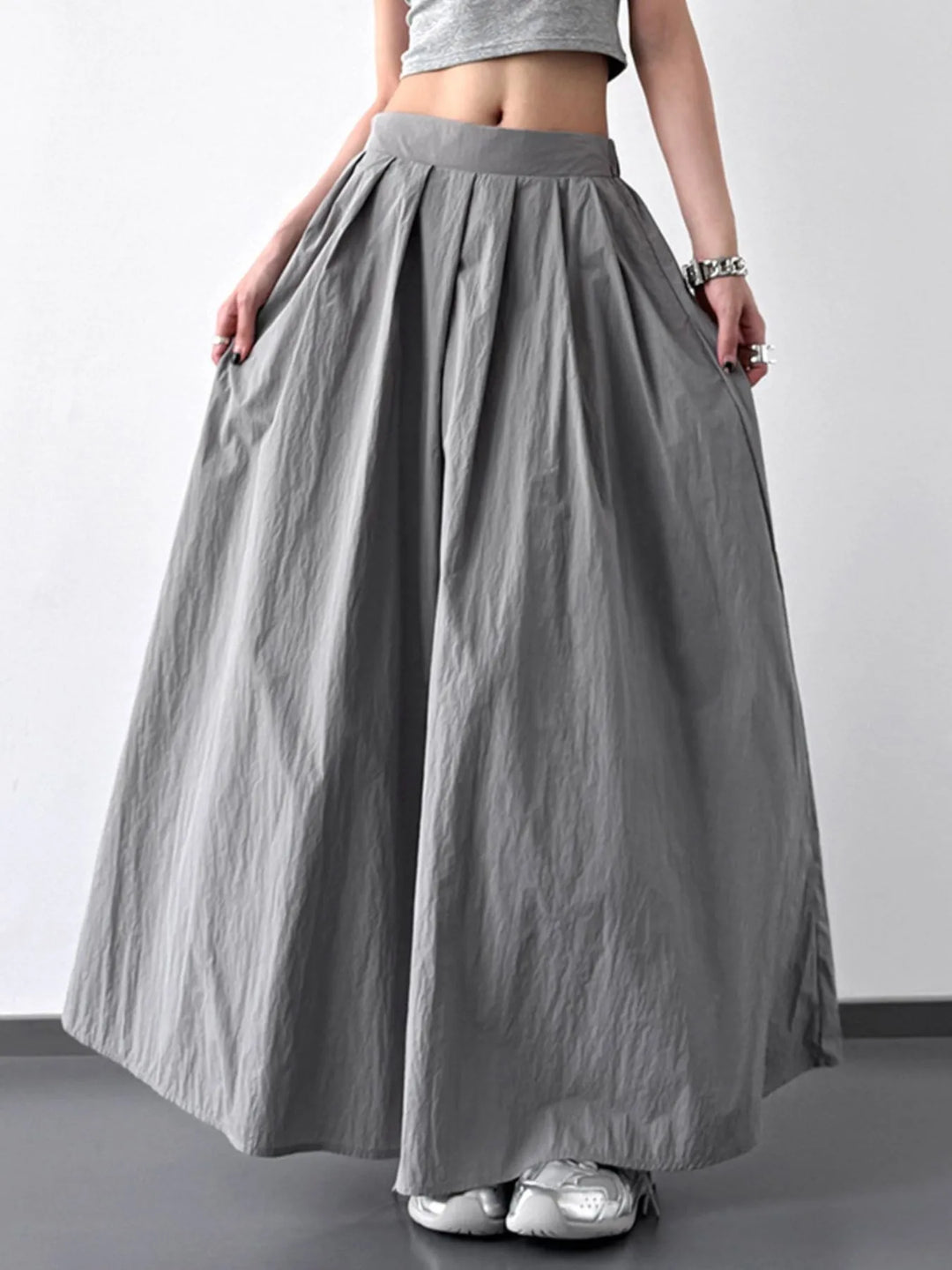 Grey Pleated Linen Maxi Skirt