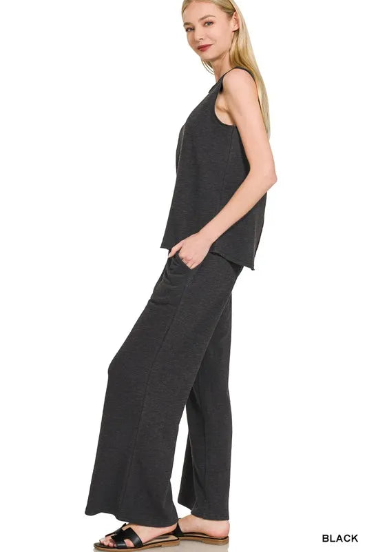 Black Zenana Cotton Slub Tank Pants Set 1