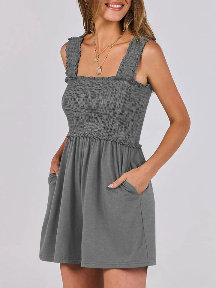 Dark Gray Smocked Square Neck Summer Romper