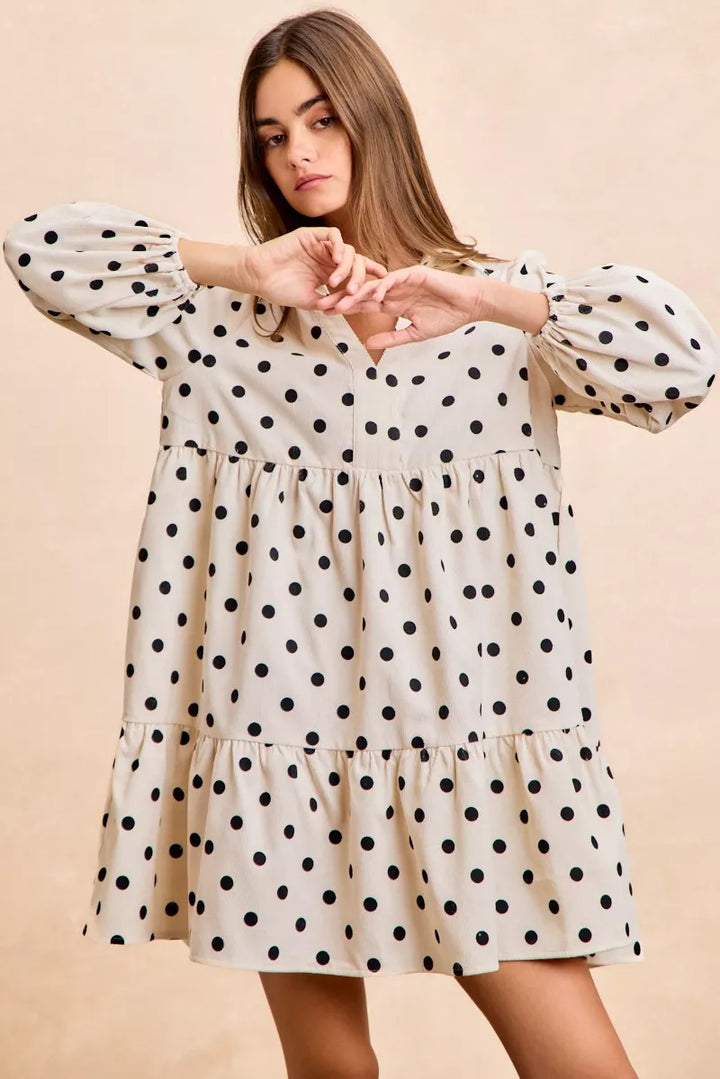 Bibi Polka Dot Corduroy Collared V Neck Dress